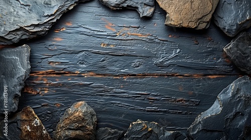  A tight shot of weathered wood, painted black with evident rust on the surface