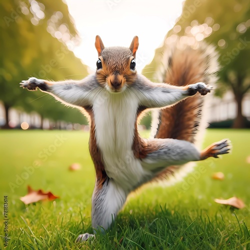 Cute Squirrel Dancing Exercise Yoga in the Park Green Field,  AI-Generated	  
