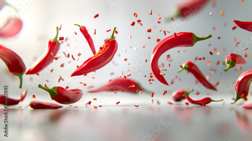An array of red hot chili peppers captured in mid-air with seeds flying out, symbolizing spice and flavor in cooking