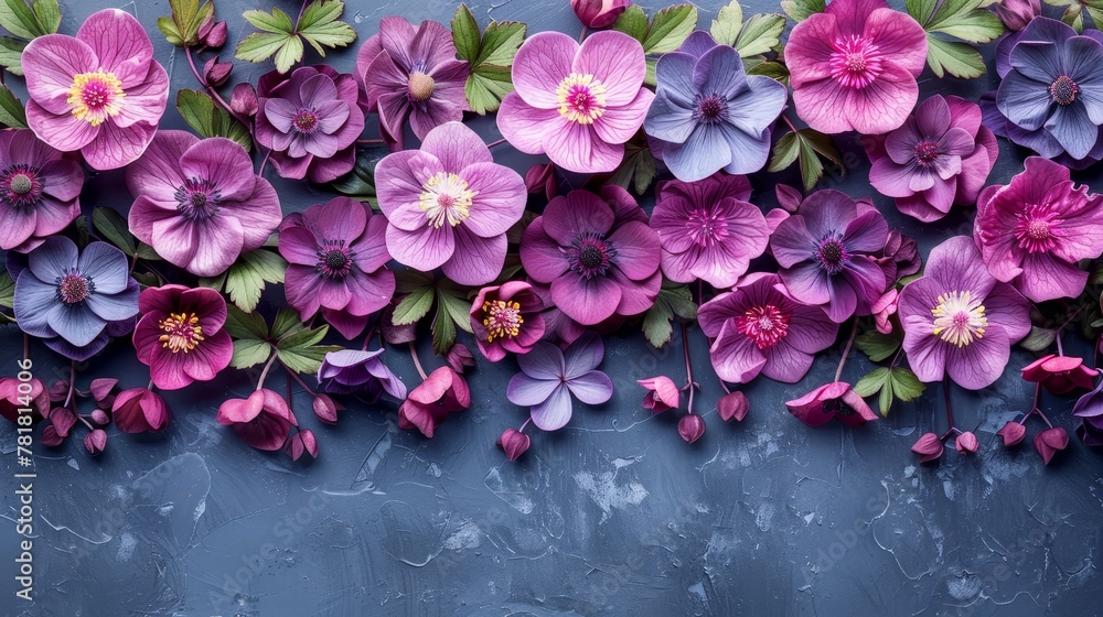 A wall side adorned with purple and pink flowers in a cluster A wall side adorned with purple and pink flowers in a cluster