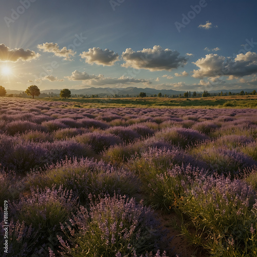 A panoramic view from a lavender field with the soothing warmth of the morning sun. 