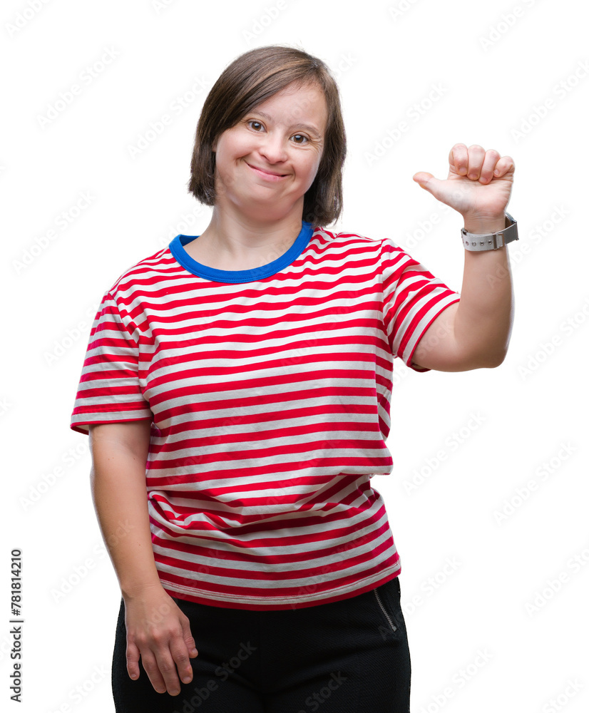 Young adult woman with down syndrome over isolated background showing and pointing up with finger number one while smiling confident and happy. Young adult woman with down syndrome over isolated background showing and pointing up with finger number one while smiling confident and happy.