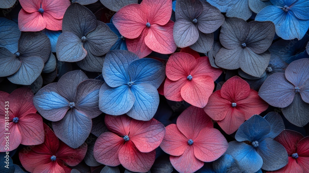   A collection of red, white, and blue blooms lies amidst a grouping of blue and pink flowers