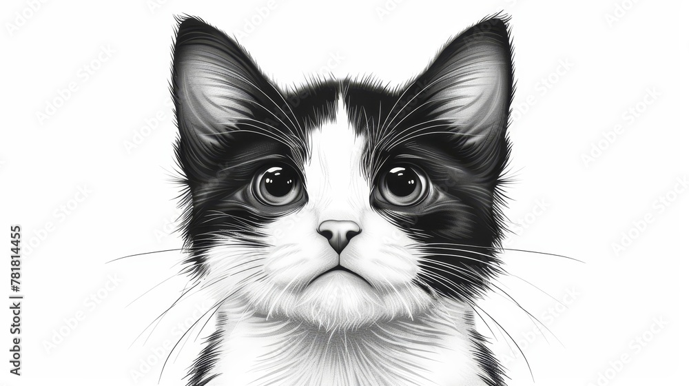A tight shot of a feline face, its features accentuated, surrounded by a backdrop of a black and white cats' head A tight shot of a feline face, its features accentuated, surrounded by a backdrop of a black and white cats' head