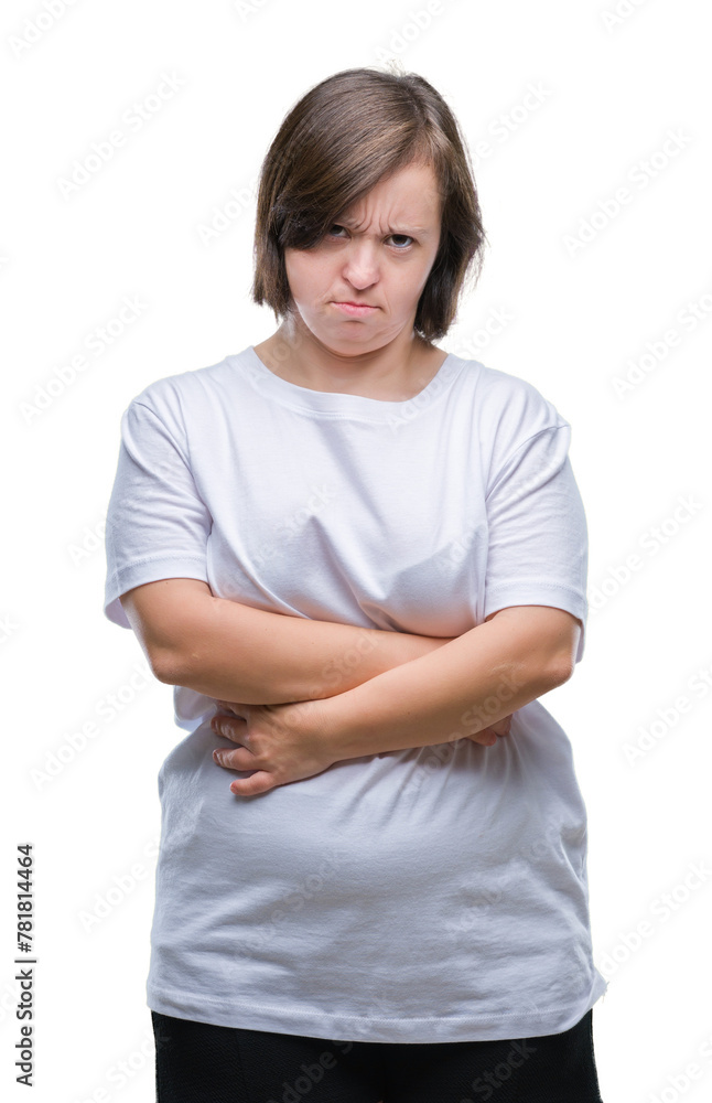 Young adult woman with down syndrome over isolated background skeptic and nervous, disapproving expression on face with crossed arms. Negative person. Young adult woman with down syndrome over isolated background skeptic and nervous, disapproving expression on face with crossed arms. Negative person.