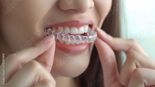 Young Caucasian woman inserting a dental aligner. Close-up view. Committing to a beautiful smile with orthodontic aligners.