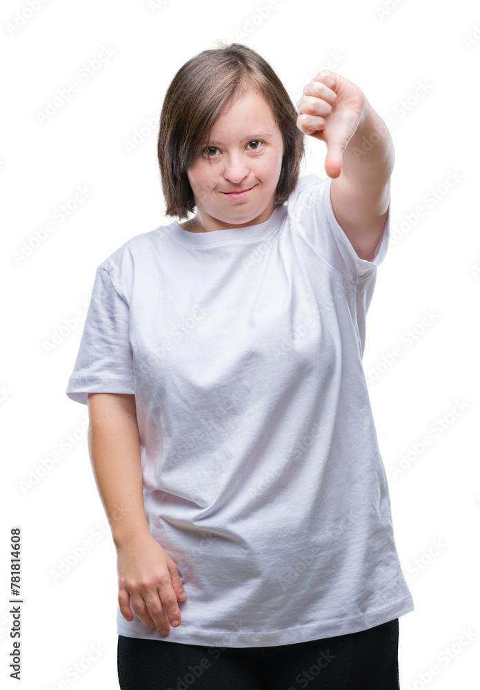 Young adult woman with down syndrome over isolated background looking unhappy and angry showing rejection and negative with thumbs down gesture. Bad expression. Young adult woman with down syndrome over isolated background looking unhappy and angry showing rejection and negative with thumbs down gesture. Bad expression.