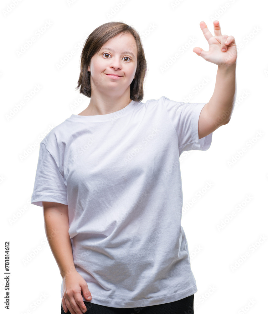 Young adult woman with down syndrome over isolated background showing and pointing up with fingers number three while smiling confident and happy. Young adult woman with down syndrome over isolated background showing and pointing up with fingers number three while smiling confident and happy.