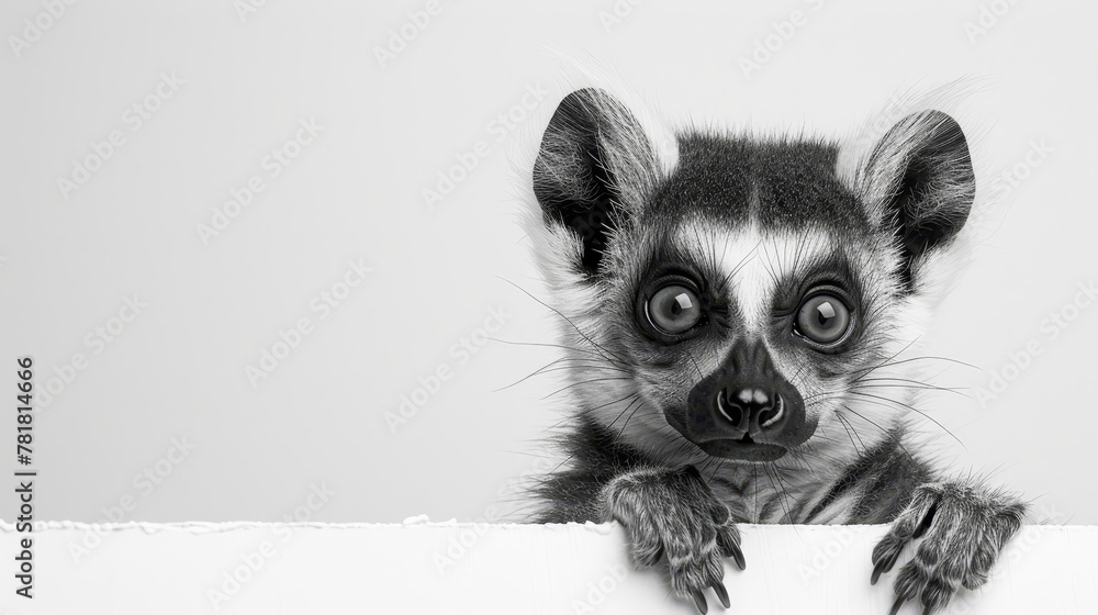 A monochrome image of a ring-tailed lemur peeking over a bare sign, its wide-open eyes gazing curiously A monochrome image of a ring-tailed lemur peeking over a bare sign, its wide-open eyes gazing curiously