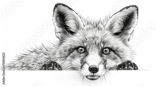  A black-and-white drawing of a fox contemplating from the paper's edge, his head gently touching it