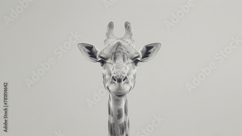  A black-and-white image of a giraffe with its head turned sideways, gazing at the camera