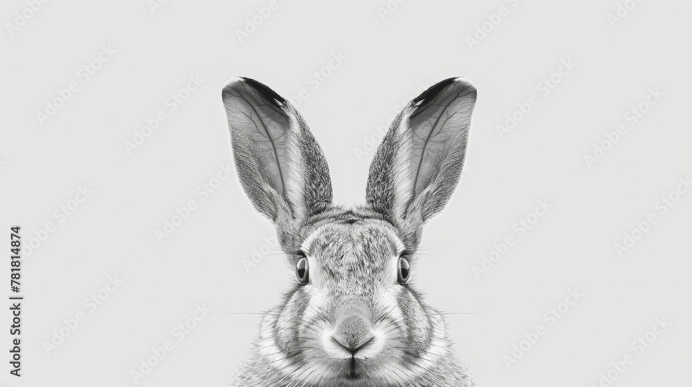A black-and-white image of a rabbit's face with a long ear and large ears, gaze fixed straight ahead A black-and-white image of a rabbit's face with a long ear and large ears, gaze fixed straight ahead