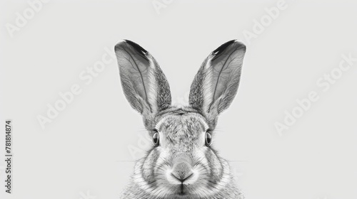   A black-and-white image of a rabbit's face with a long ear and large ears, gaze fixed straight ahead © Nadia
