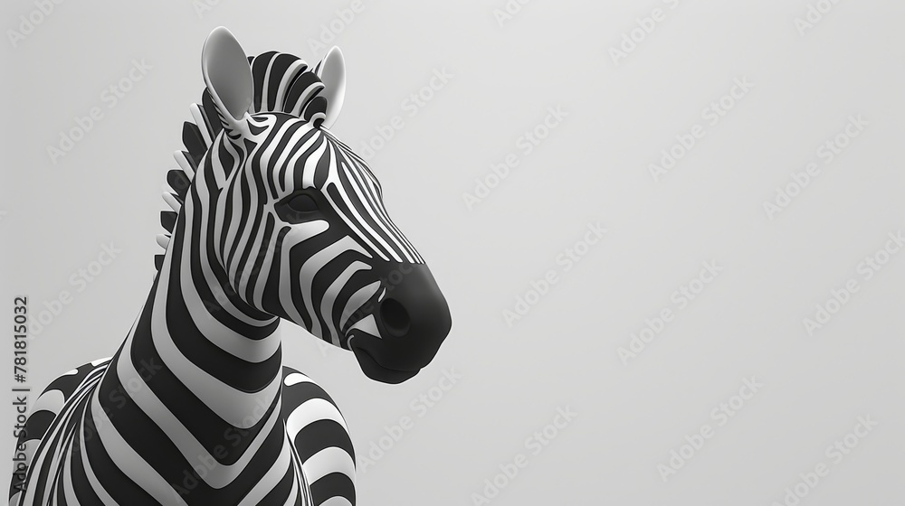 Fototapeta premium A black-and-white image of a zebra with its head tilted to one side against a gray backdrop of a sky
