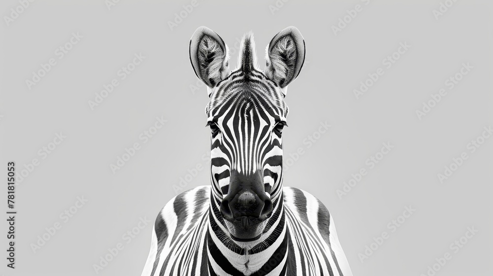 Fototapeta premium A monochrome image of a zebra's head and neck against a gray backdrop of a cloudy sky