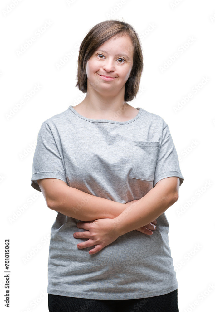 Young adult woman with down syndrome over isolated background happy face smiling with crossed arms looking at the camera. Positive person. Young adult woman with down syndrome over isolated background happy face smiling with crossed arms looking at the camera. Positive person.