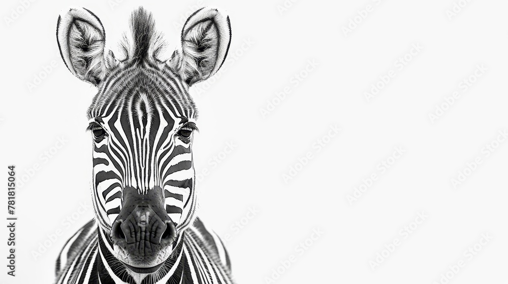 Obraz premium A black-and-white image of a zebra's head and neck against a white sky backdrop
