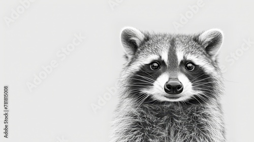  A black-and-white image of a raccoon gazing at the camera with a sad expression