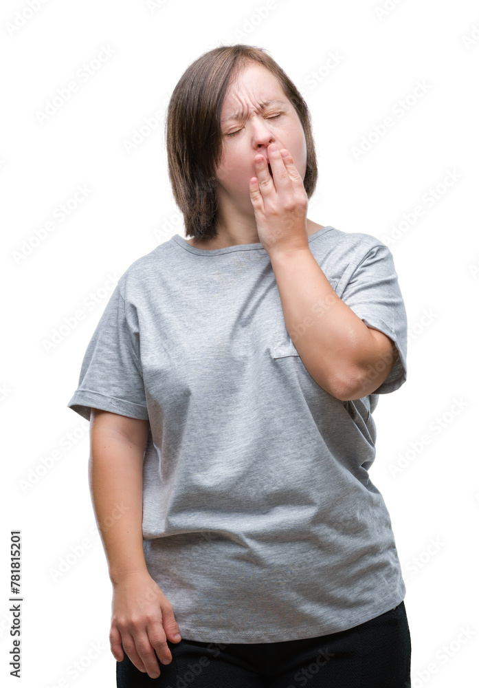 Φωτογραφία Young adult woman with down syndrome over isolated background bored yawning tired covering mouth with hand