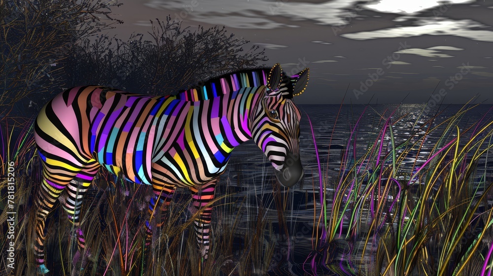 Fototapeta premium A zebra stands before a water body in a field of tall grass, under a cloud-strewn sky