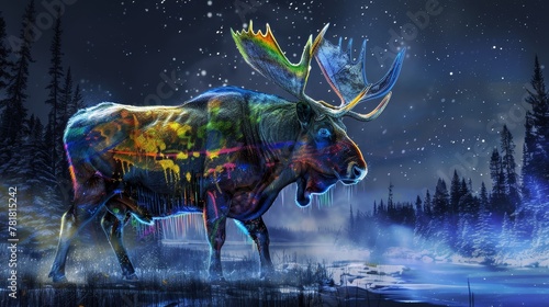   A moose painting with excessive paint covering its body and antlers positioned atop its back photo