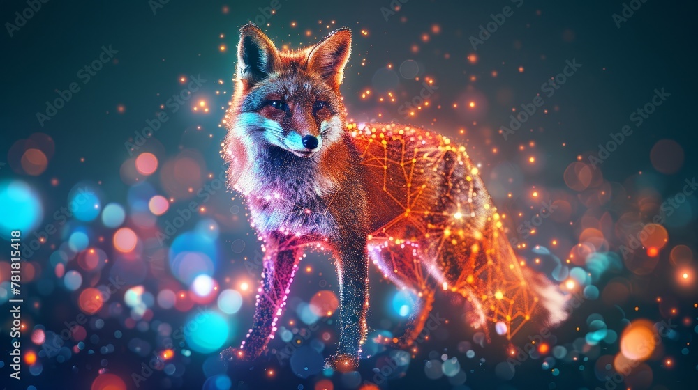 Fototapeta premium A digital painting of a fox standing in the midst of a blurred scene of a forest, surrounded by a bog of glowing lights