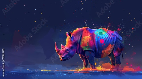  A rhino stands in a body of water, gazing at a star-filled sky adorned with multicolored stars