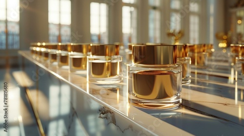 Graceful contours of luxury beauty jars, aligned in a dance of sunlight and shadow photo