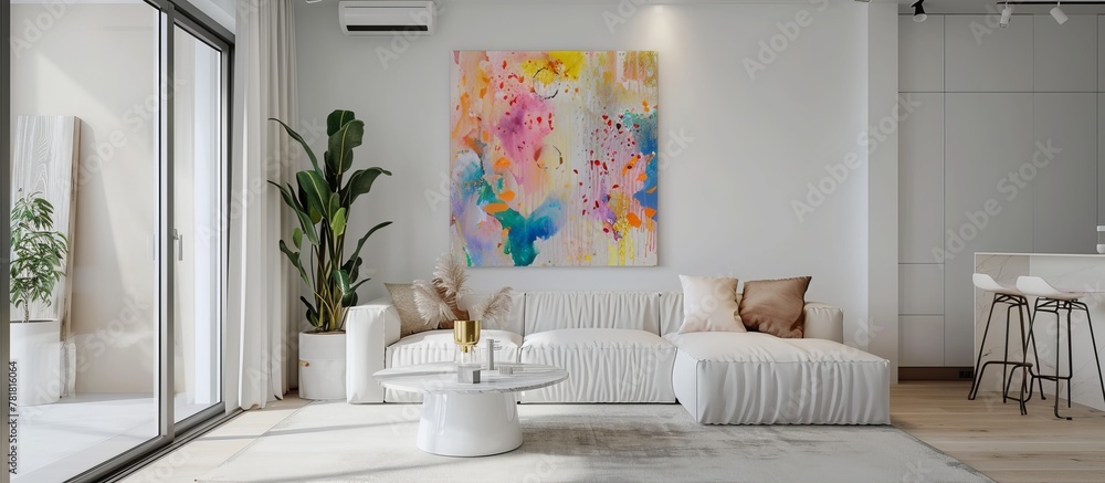 Design of a bright modern living room with a bright abstract painting on the wall --ar 16:7 Job ID: 9be06fed-944d-4781-b763-11a3682f8f46 Design of a bright modern living room with a bright abstract painting on the wall --ar 16:7 Job ID: 9be06fed-944d-4781-b763-11a3682f8f46