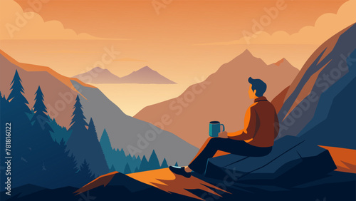 A lone traveler takes a moment to rest on a long hike through the mountains sitting atop a large boulder with a thermos of tea and a stack of photo