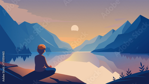 A child sits contently on a small rock at the edge of a quiet lake watching the suns rays disappear behind the distant mountains. The peaceful
