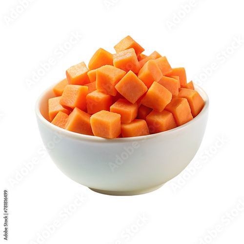 Carrot cubes on white bowl isolated on transparent background