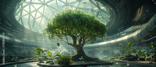 Eco-dome cradling a tree  the lush heart of a planet reviving itself