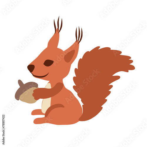 Cute vector squirrel with acorn sitting isolated on white background, kid wild forest animal flat cartoon illustration, decorative design education for children, preschool, zoo alphabet, greeting card