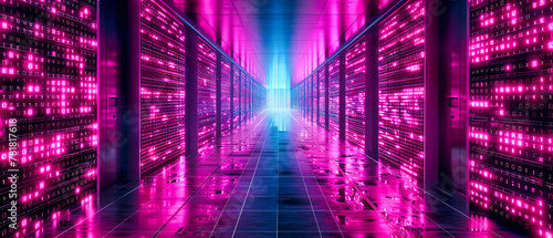 Modern Server Room in Blue  Technology and Networking Concept  Digital Security and Datacenter