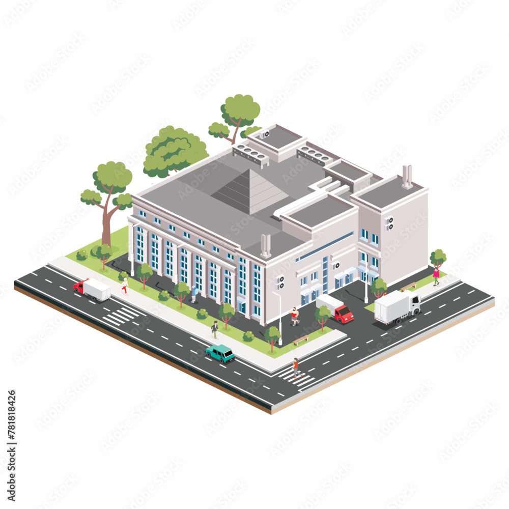 Isometric shopping mall. Infographic element. Supermarket building. People, trucks and trees with green leaves isolated on white background. - obrazy, fototapety, plakaty 