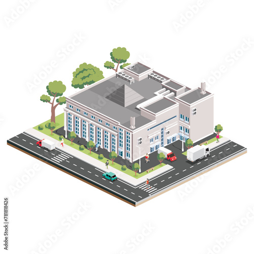 Isometric shopping mall. Infographic element. Supermarket building. People, trucks and trees with green leaves isolated on white background.