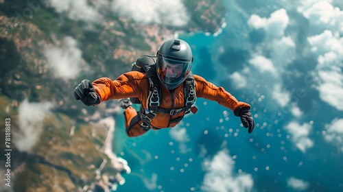 Skydiving. Men in orange suit doing free fall in the sea.