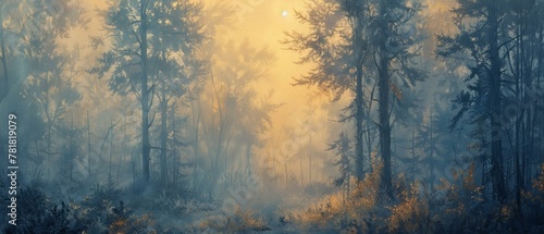 A canvas of silence, where gradients of dusk and dawn merge in the forest © Seksan