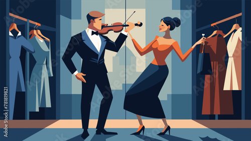 Two violinists in elegant gowns share a bottle of champagne and giggle conspiratorially while practicing their harmonies in a bustling dressing