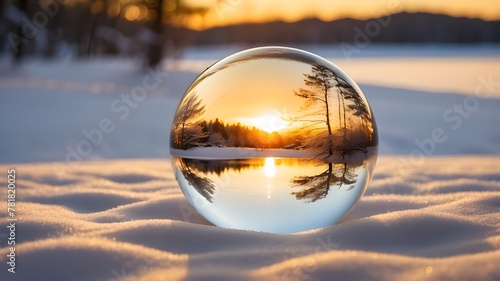  A transparent glass ball delicately placed on pristine snow  bathed in the warm rays of the setting sun  creating a magical Christmas ambiance. The ball reflects the surrounding winter landscape and 