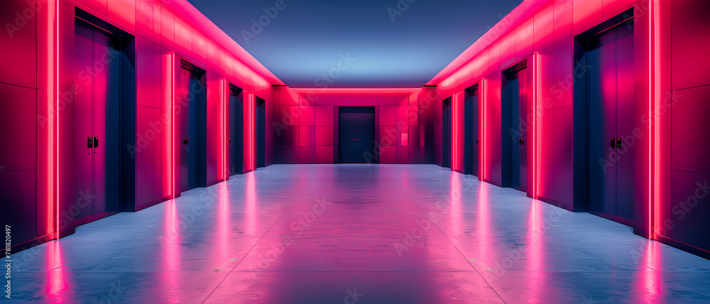 Neon Glow of the Futuristic Corridor, A Vivid Display of Light and Shape, Artistic Technological Design