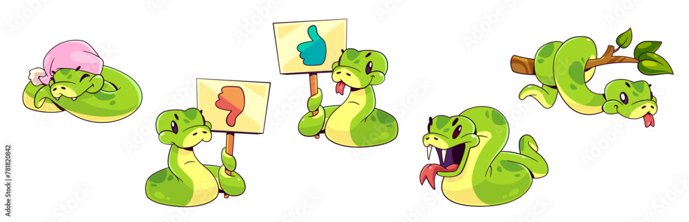 Fototapeta premium Green snake characters set isolated on white background. Vector cartoon illustration of cute serpent mascots sleeping in hat, showing like and dislike banners, angry, hanging on tree branch in zoo
