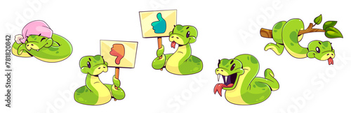 Green snake characters set isolated on white background. Vector cartoon illustration of cute serpent mascots sleeping in hat, showing like and dislike banners, angry, hanging on tree branch in zoo