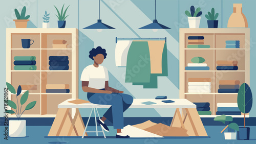 An ecoconscious fashion designer sits in a bright studio surrounded by shelves of natural fabrics and stacks of recycled paper sketchbooks.