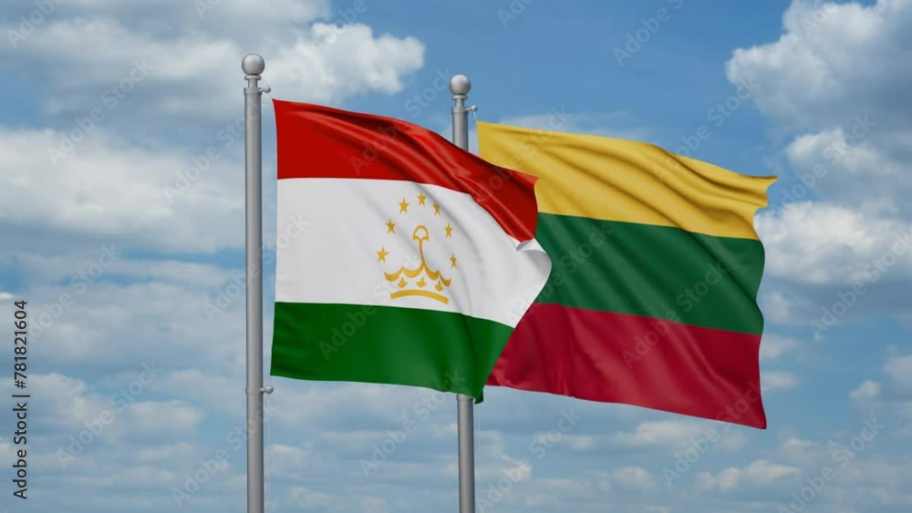 Lithuania and Tajikistan two flags waving together, looped video, two country relations concept Lithuania and Tajikistan two flags waving together, looped video, two country relations concept