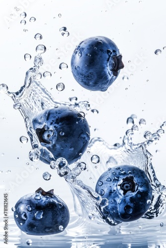 Fresh Blueberries Splashing Into Crystal Clear Water Against a White Background