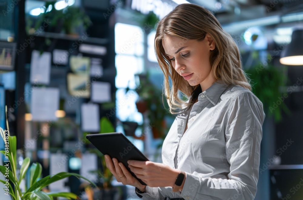 A professional woman is engrossed in analyzing information on her digital tablet A professional woman is engrossed in analyzing information on her digital tablet
