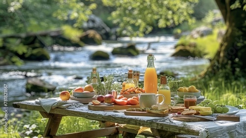 A luscious array of breakfast items perfectly displayed on a wooden table set by a river amidst nature, presenting an ideal outdoor dining experience
