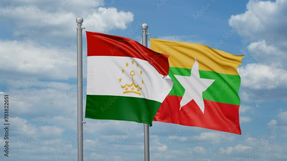 Myanmar aka Burma and Tajikistan two flags waving together, looped video, two country relations concept Myanmar aka Burma and Tajikistan two flags waving together, looped video, two country relations concept